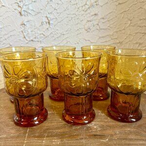 Vintage Amber Glass Goblets Set of 6 Floral Pressed Glass Mid Century A